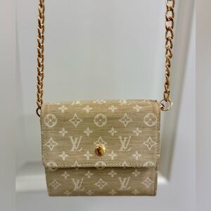 LOUIS VUITTON Classic Beige Canvas Leather Monogram Mini Lin Wallet W/ Crossbody